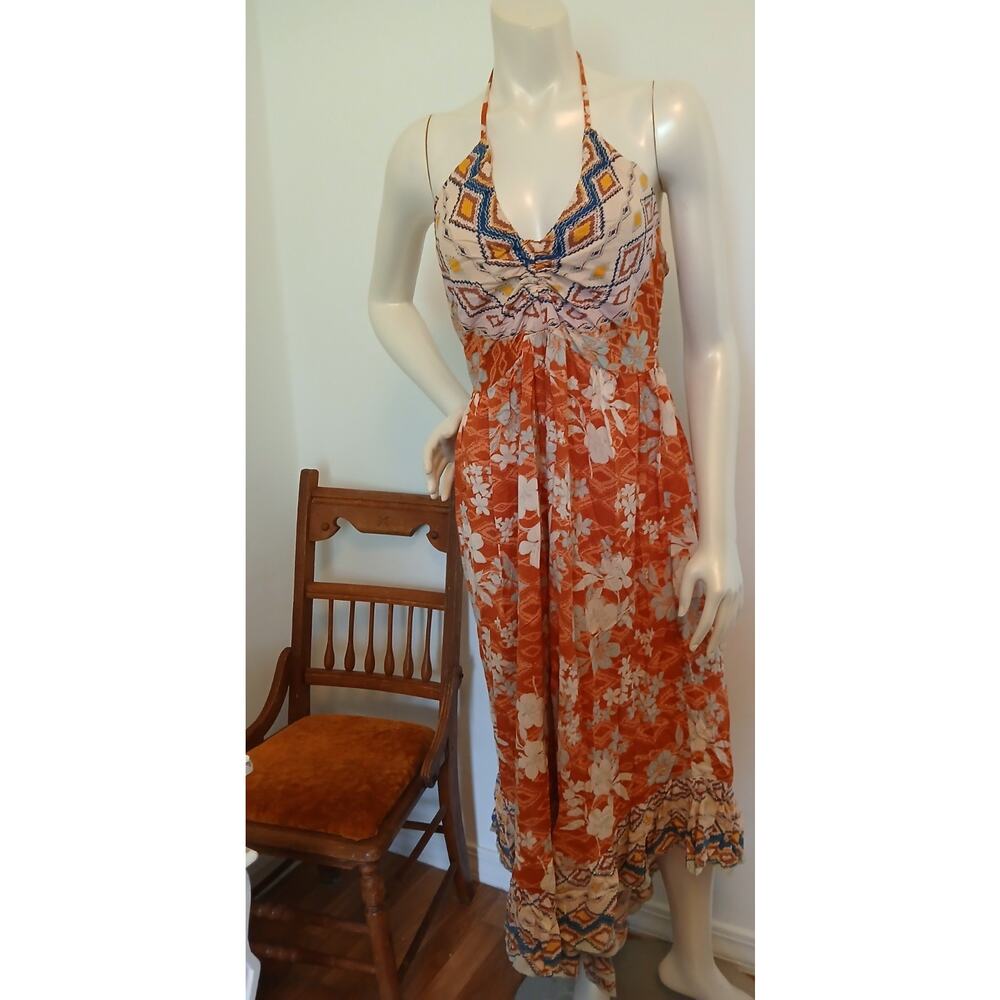Y2K Angie Boho Wide Leg Ruffled Capri Length Jumpsuit Halter Neck Medium Hippie
